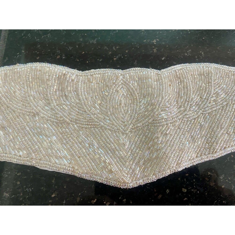 Vintage 1980s Art Deco Style Ivory Iridescent Beaded Cummerbund Belt